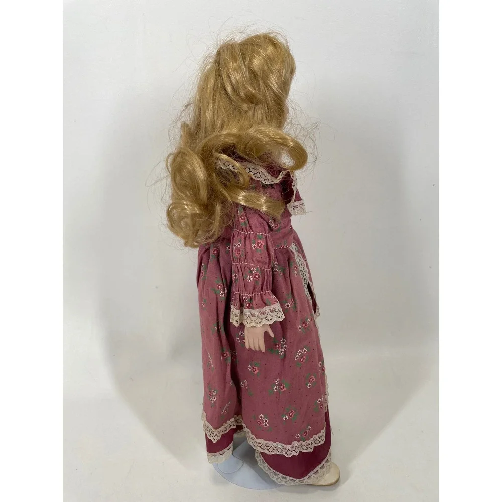 Vintage Porcelain Doll Blonde Hair Victorian Floral Lace Mauve Dress with Stand